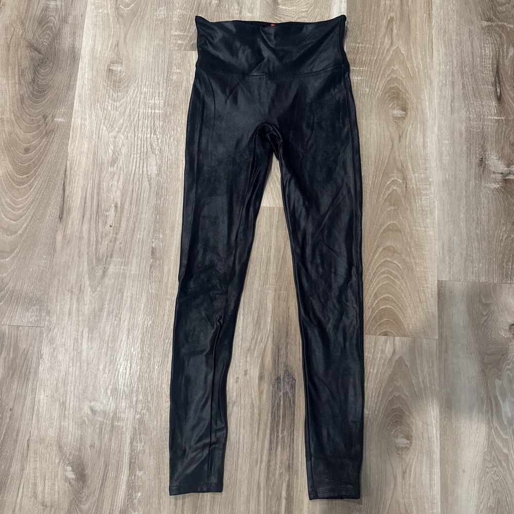 Spanx Leggings Womens‎ Black Faux Leather mid Waisted Shaping Control size Med